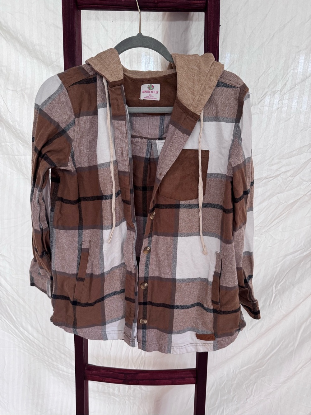 Marley Lilly Brown Plaid Lightweight Hooded Shirt Jacket